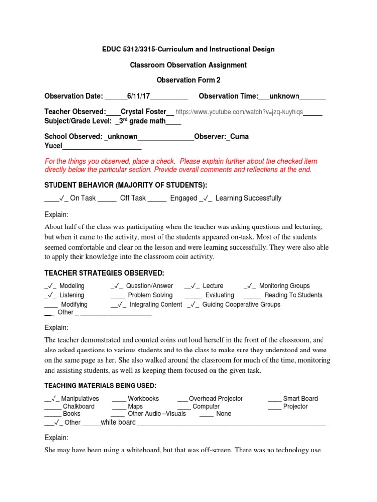 Classroom Observation: 3rd Grade Math | PDF | Classroom | Lecture