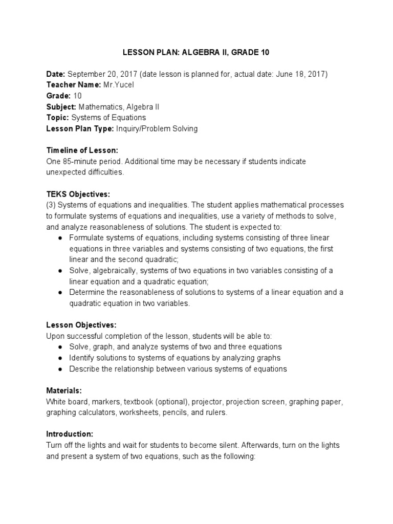 Lesson Plan: Algebra Ii, Grade 10 Date: Teacher Name: Grade: Subject ...