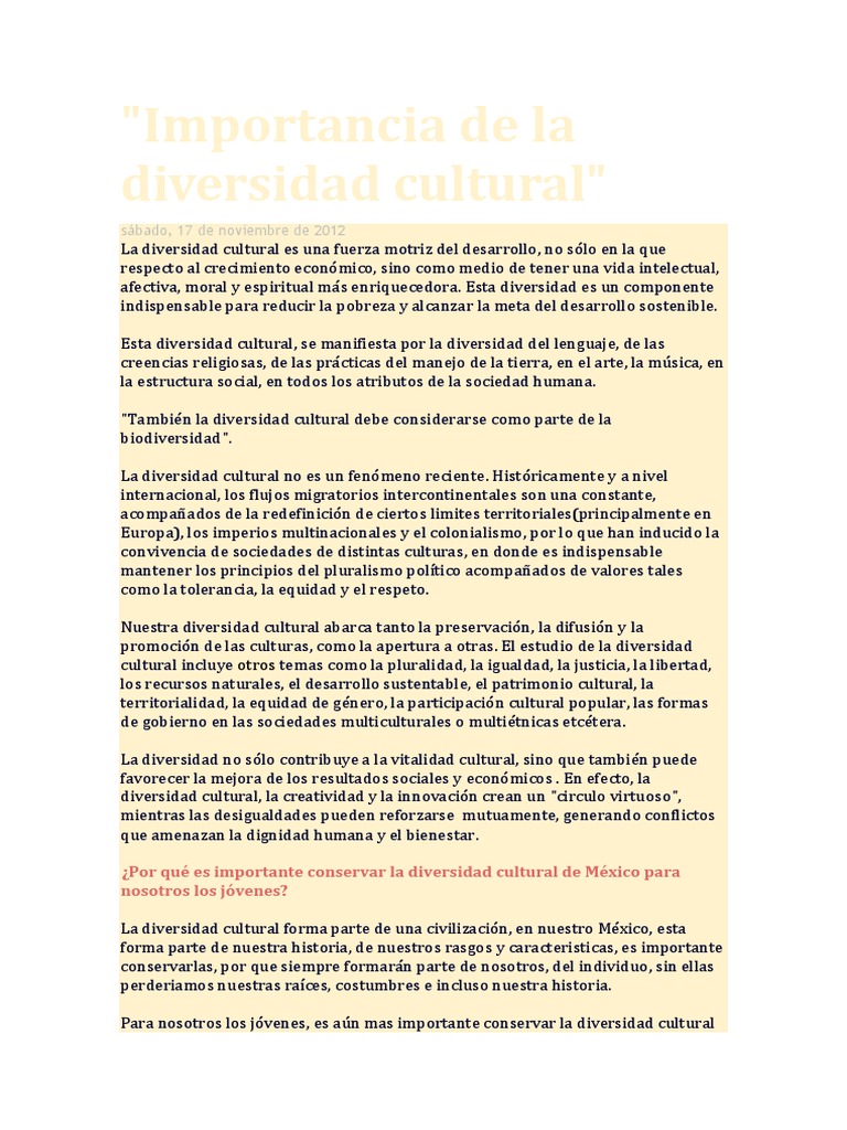 Importancia de la Diversidad Cultural | PDF | Diversidad cultural ...