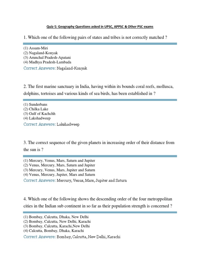 Quiz-5 - Geography Questions Asked in UPSC, APPSC & Other PSC Exams ...