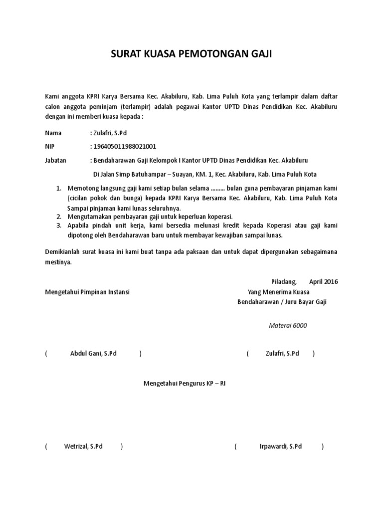 Surat Kuasa Potong Gaji
