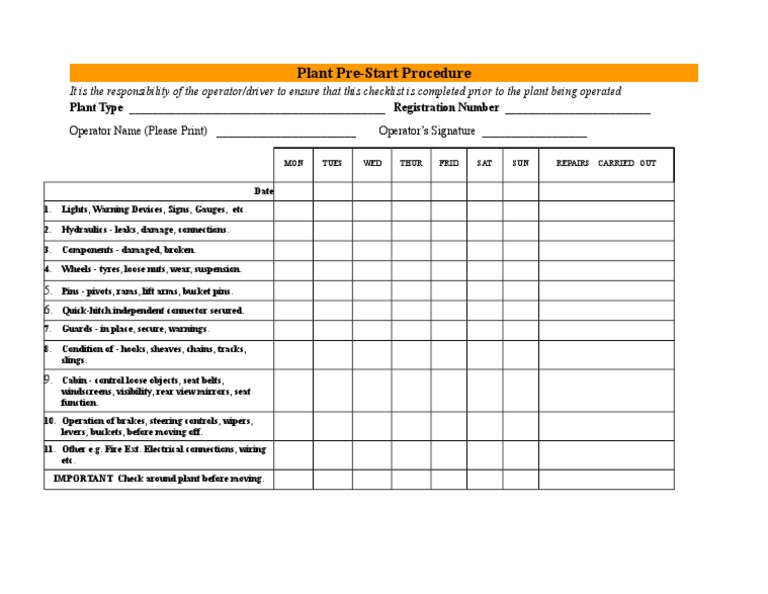 Plant Pre-Start Inspection Checklist | PDF | Business | Computers