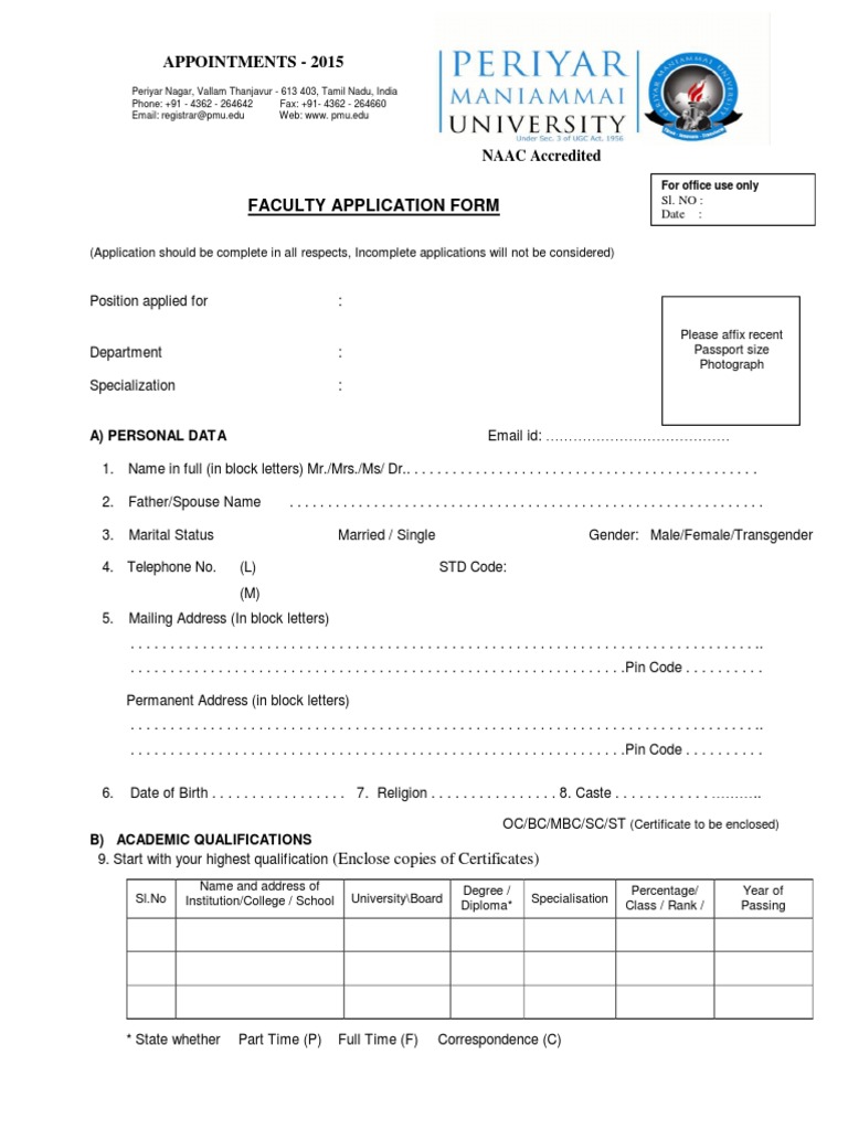 Faculty Application Form 2015 | PDF | Academia | Further Education
