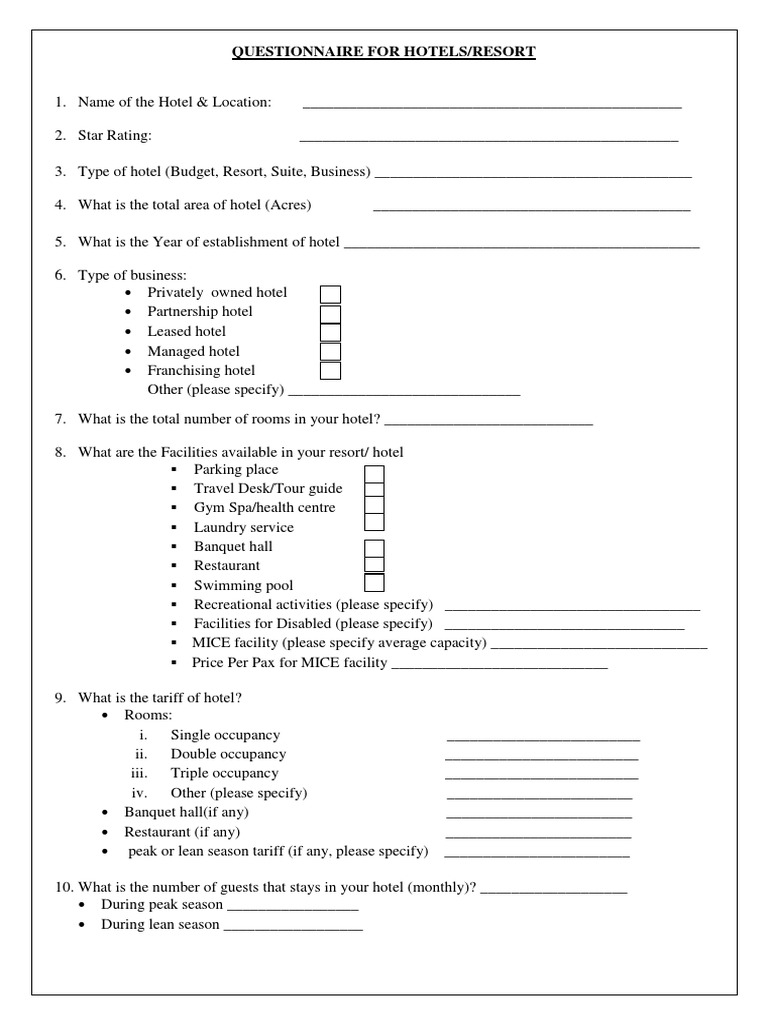 Hotel Accommodation Survey Questionnaire | PDF | Resort | Hotel