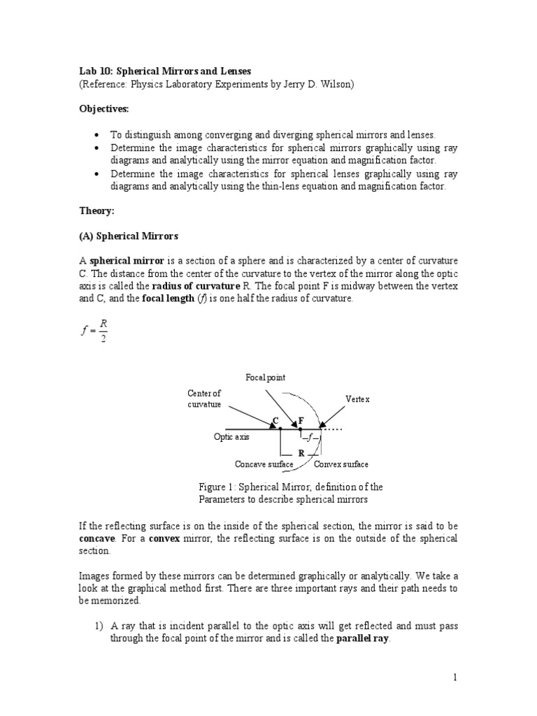 Lab 10 Spherical Mirrors and Lenses PDF Lens (Optics) Glass