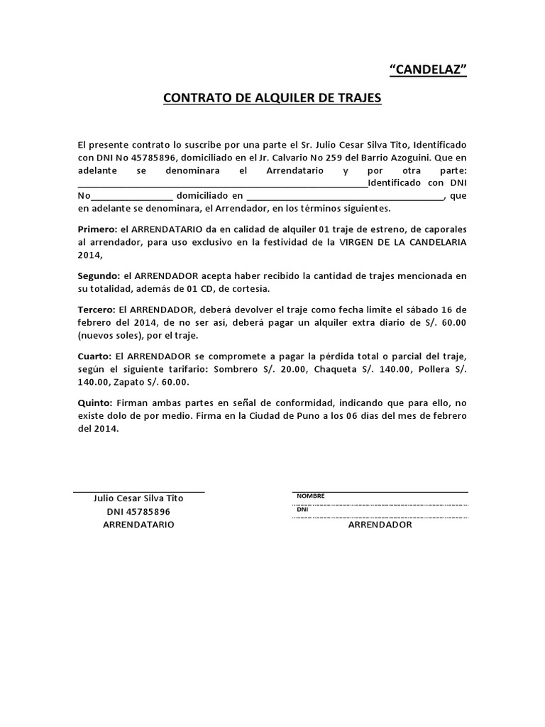 Contrato de Alquiler de Trajes Alquiler Business