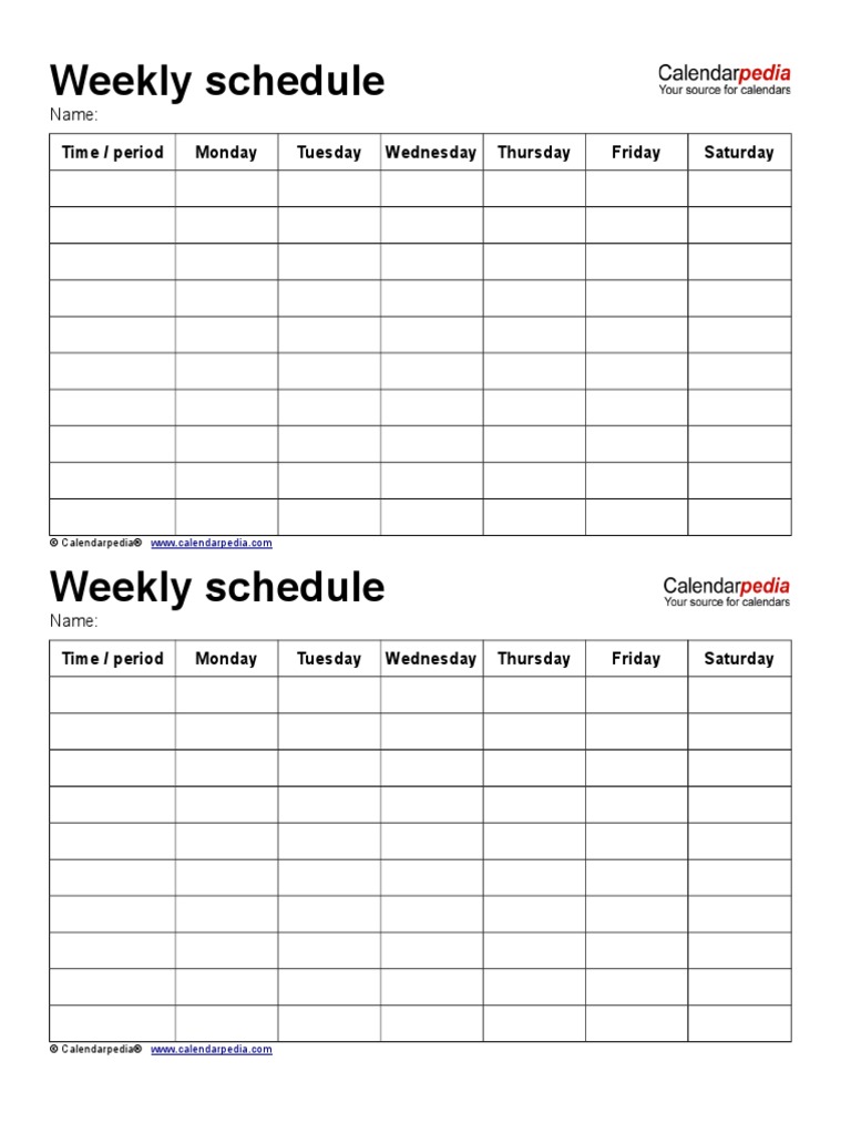 Weekly Schedule Monday to Saturday 2 on 1 Page