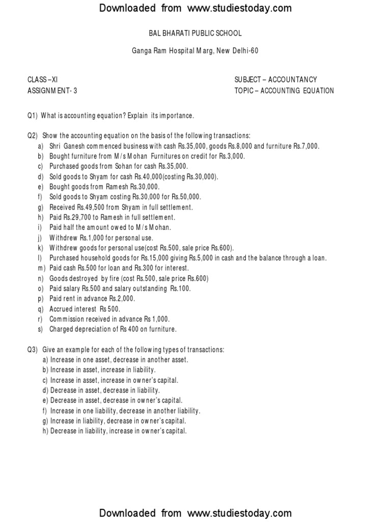 CBSE Class 11 Accountancy Worksheet