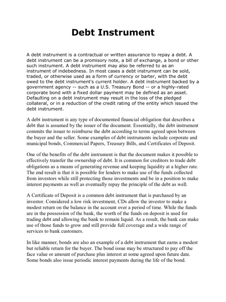 Debt Instrument Bonds (Finance) Debt