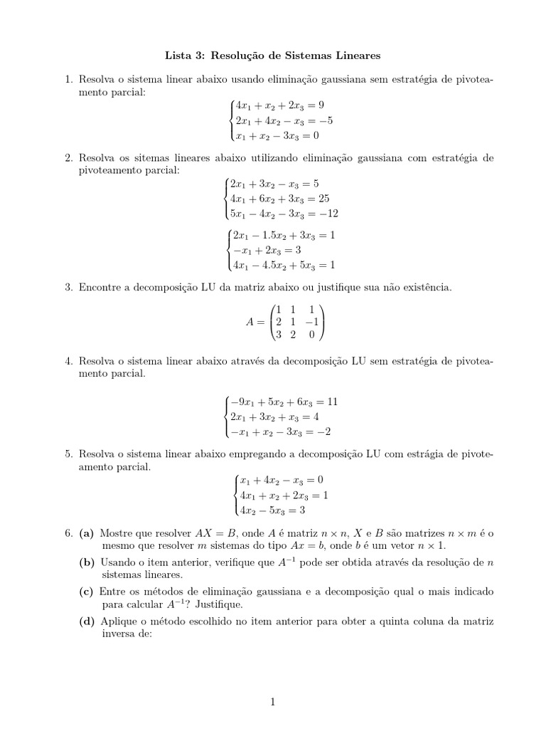 Exercícios de Sistemas Lineares | PDF | Sistema de equações lineares ...