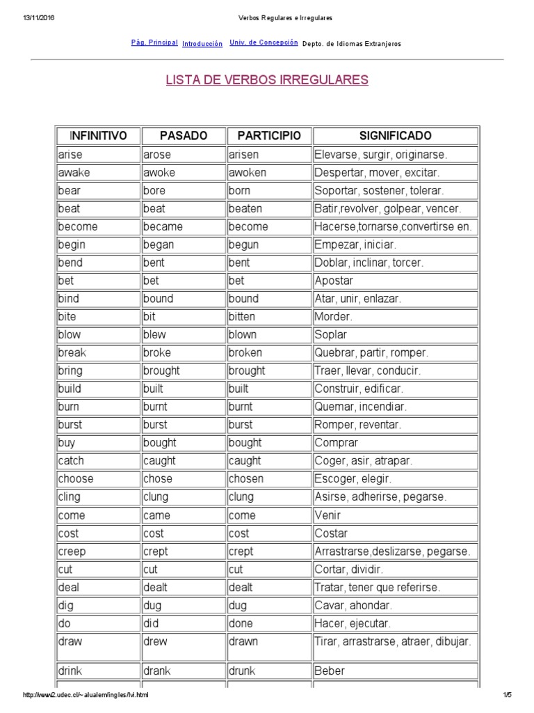 Lista De Verbos En Ingles Regulares E Irregulares Pdf