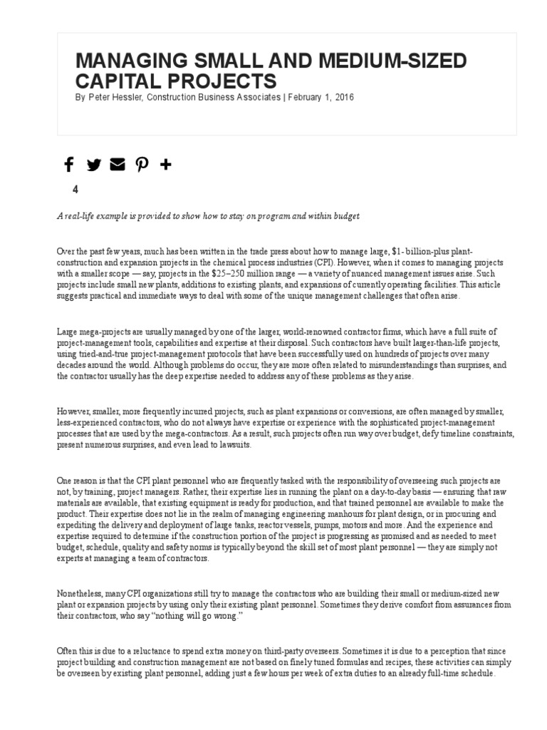 Managing Small and Medium-Sized Capital Projects - Chemical Engineering ...