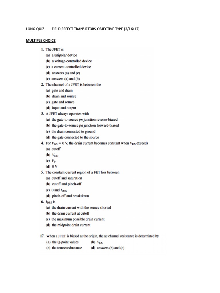 Long Quiz Field Effect Transistors PDF Field Effect Transistor
