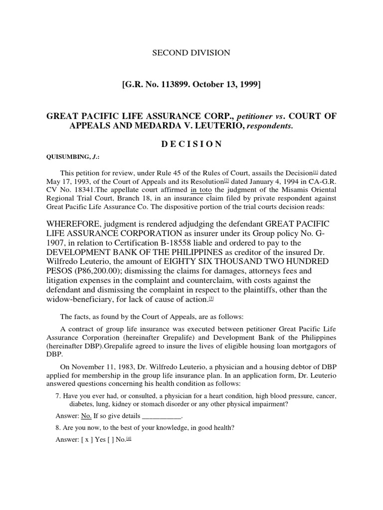 Great Pacific Life Assurance vs. CA (Case) PDF Mortgage Law Insurance