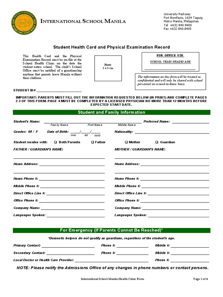 International School Manila Health Form | PDF | Allergy | Tuberculosis