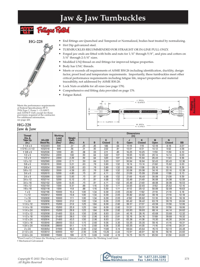 Crosby HG228 Jaw Jaw Turnbuckles Specs PDF Fatigue (Material