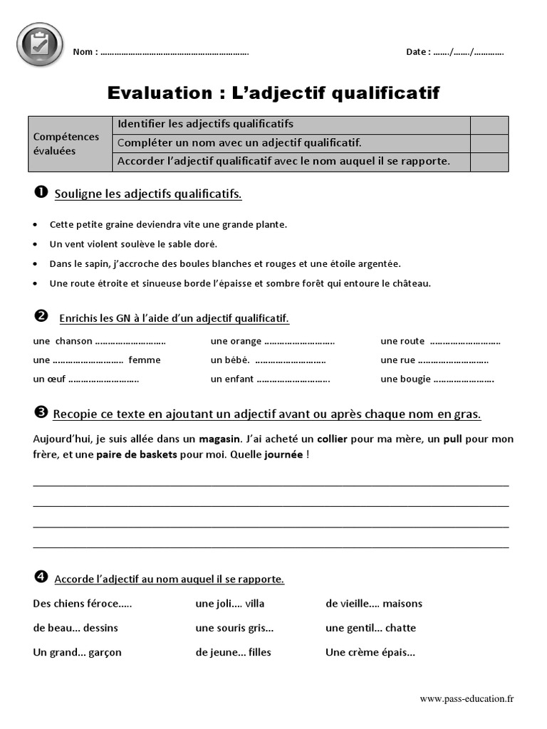 Exercice De Français Ce2 Avec Correction Pdf Adjectif Qualificatif Ce2 Evaluation Avec La Correction