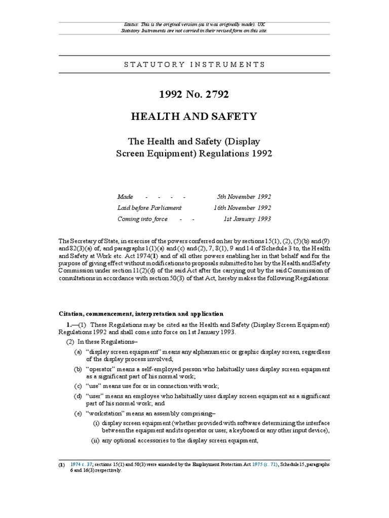 The Health and Safety (Display Screen Equipment) Regulations 1992 PDF