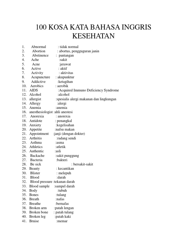100 Kosa Kata Bahasa Inggris Kesehatan