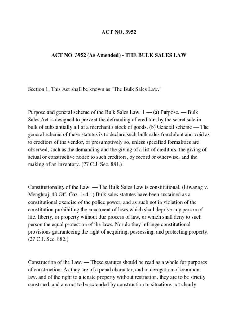 Act No. 3952 Bulk Sales Law PDF Mortgage Law Assignment (Law)
