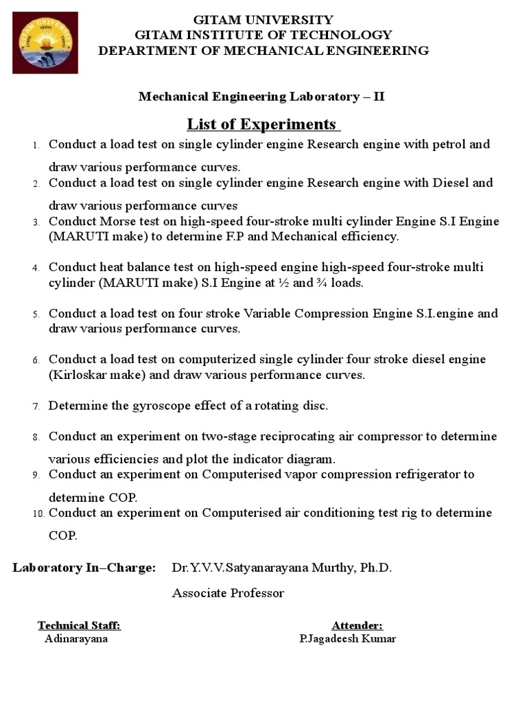 Mechanical Engineering Lab Experiments Guide | PDF | Diesel Engine ...