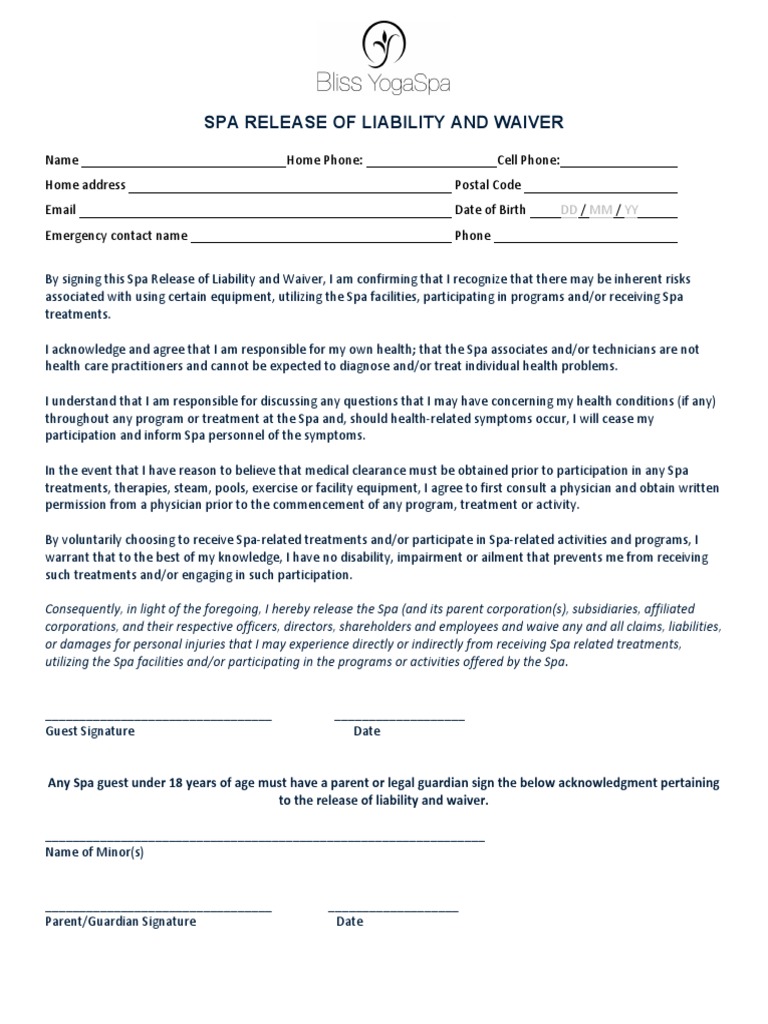 Spa Release Form Spa Service Industries
