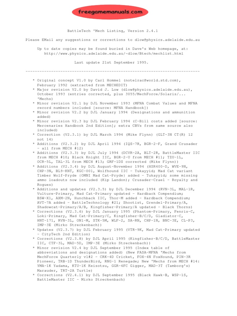 BattleTech Mech Listing v2.4.1 | PDF | Computers | History