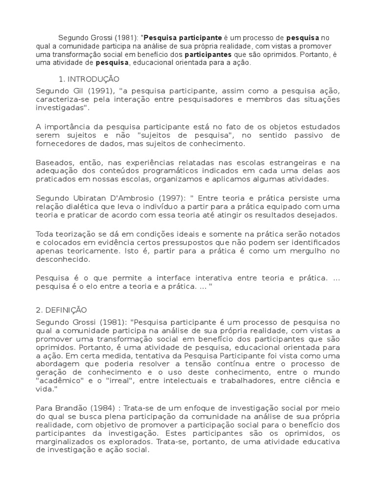 Material Sobre Pesquisa Participante - Odt | PDF | Science | Sociologia