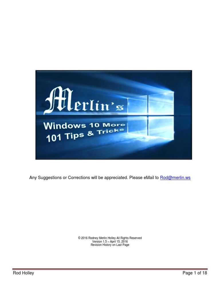 !merlin's Windows 10 More - 101 Tips & Tricks V1-5 | PDF | Windows 10 ...