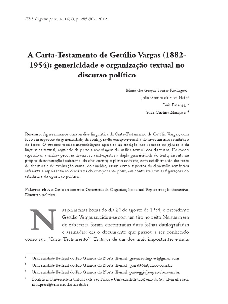 Carta testamento de Getulio Vargas Genericidade e 