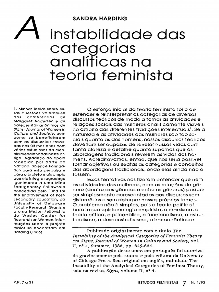 Sandra Harding - A Instabilidade Das Categorias Analíticas Na Teoria ...