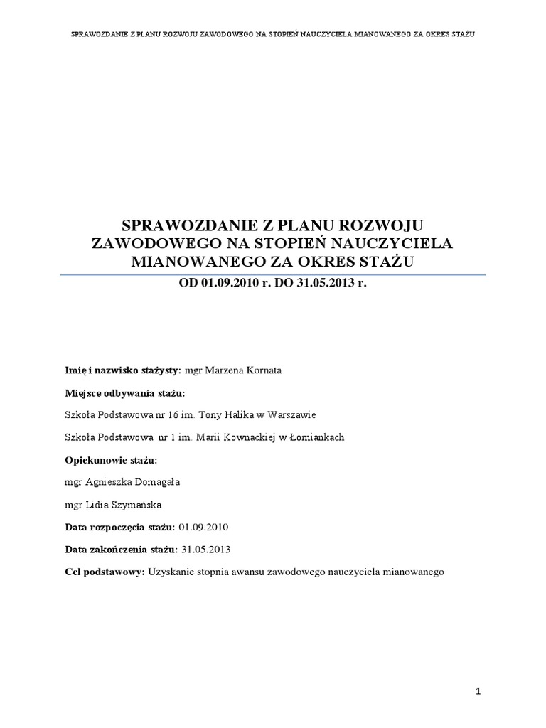 Sprawozdanie Z Realizacji Planu Rozwoju Zawodowego Nauczyciela Stażysty