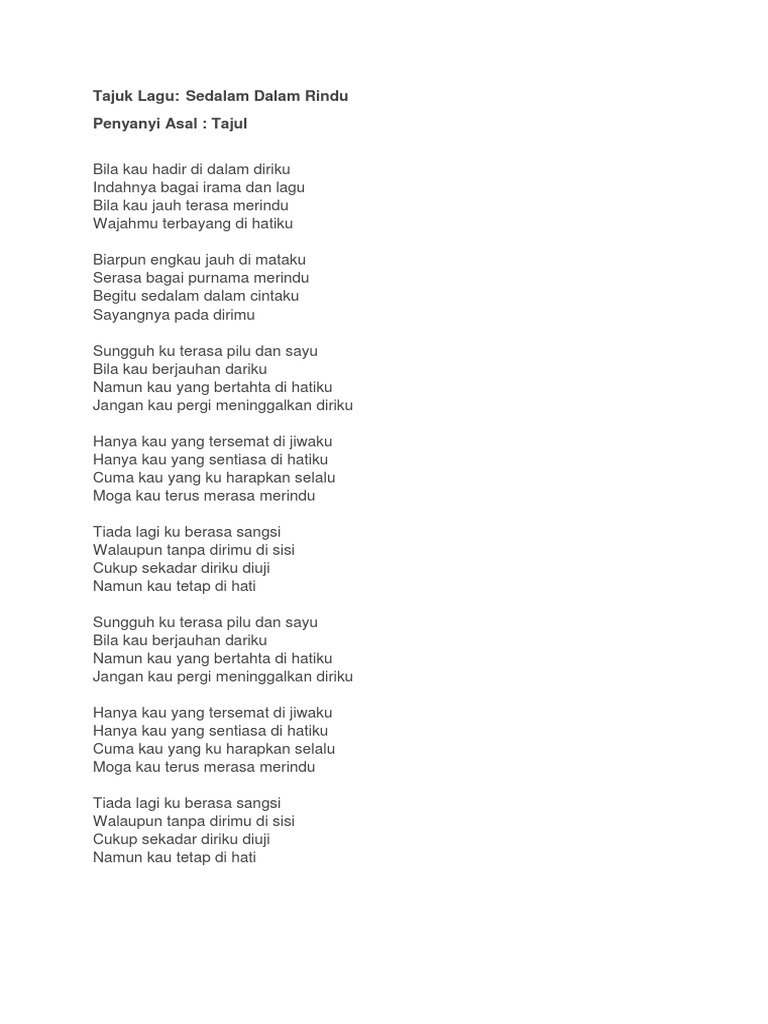 Lirik Lagu Sedalam Dalam Rindu Pdf