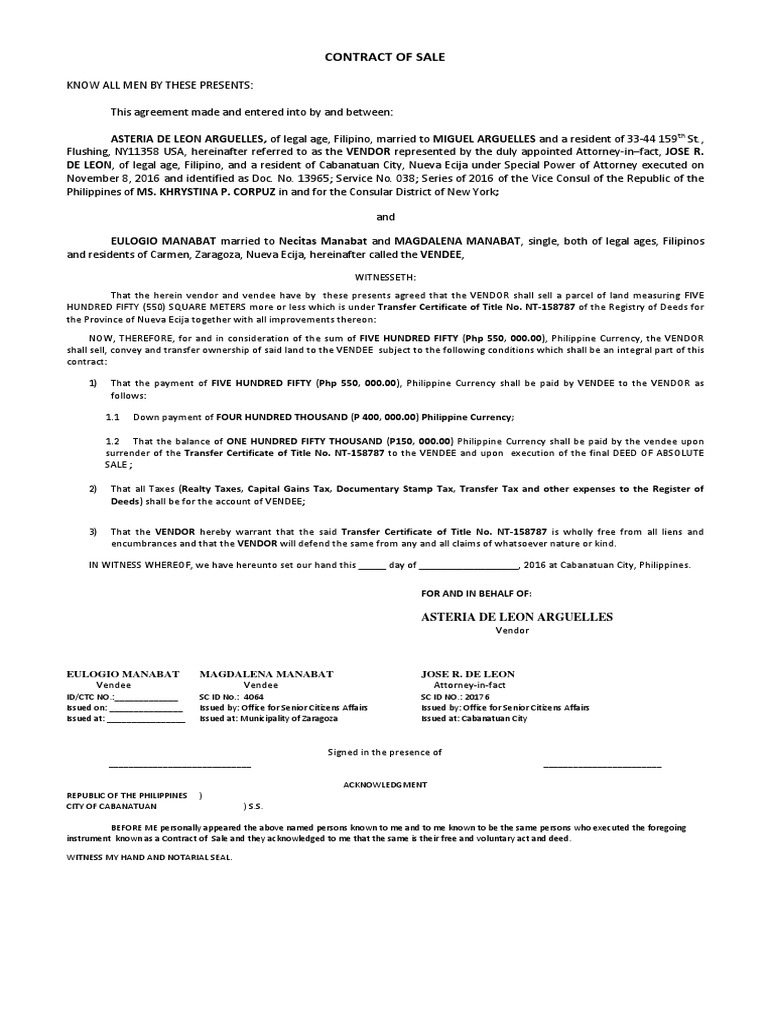 Contract of Sale With SPA PDF Deed Lien