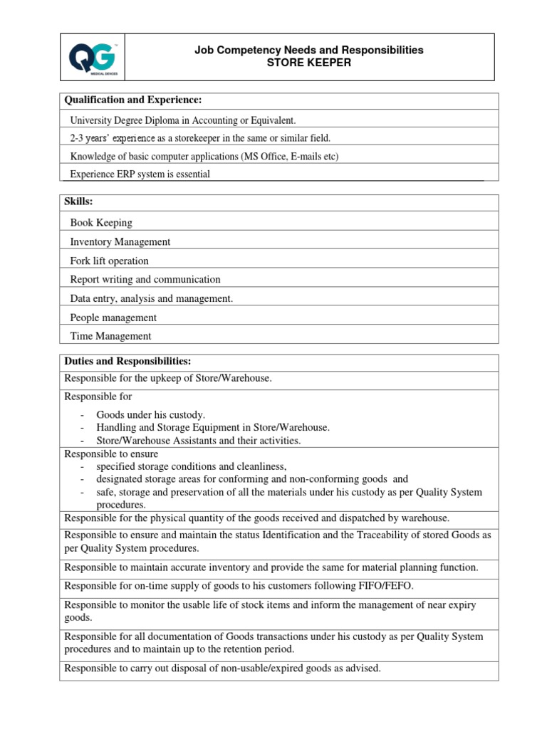 Job Competency Needs and Responsibilities Store Keeper PDF