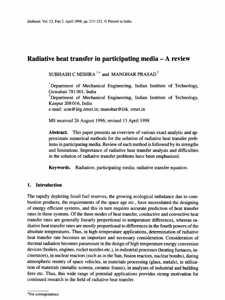 Radiative Heat Transfer in Participating Media A Review | PDF | Heat ...