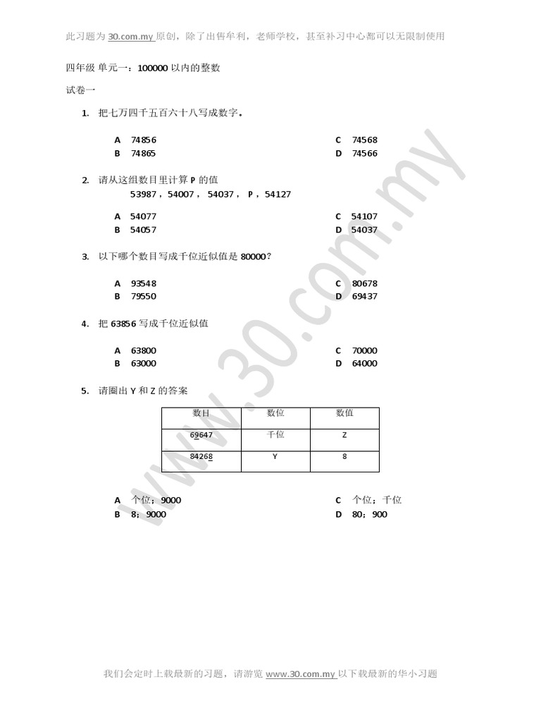 SJKC Math Standard 4 Chapter 1 Exercise 1 | PDF