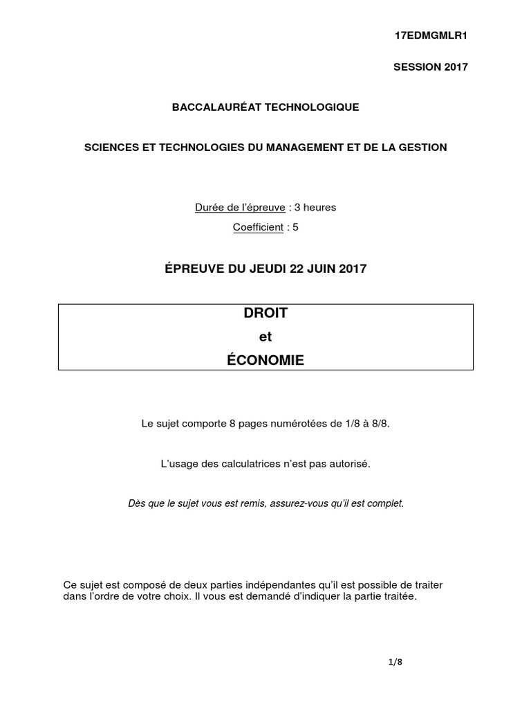 Sujet De Rattrapage Eco Droit Bac Stmg