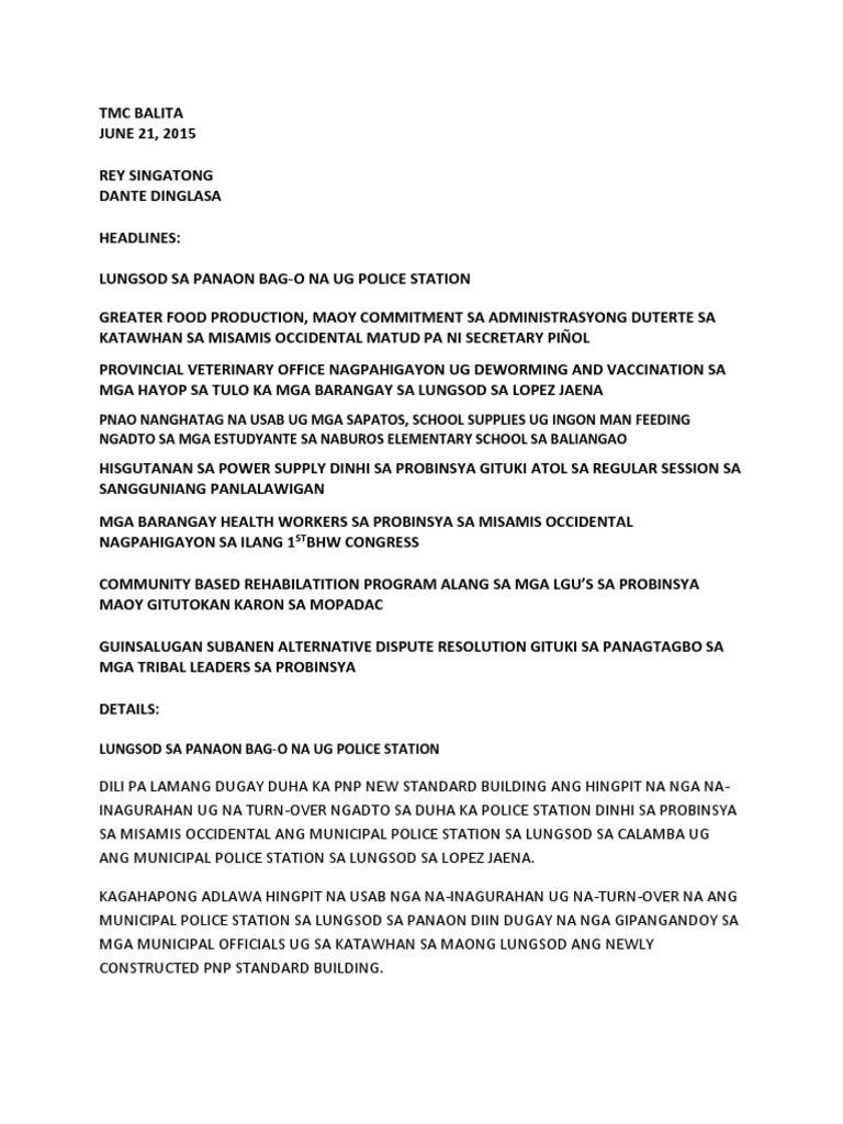 TMC Balita June 21 Script Final | PDF