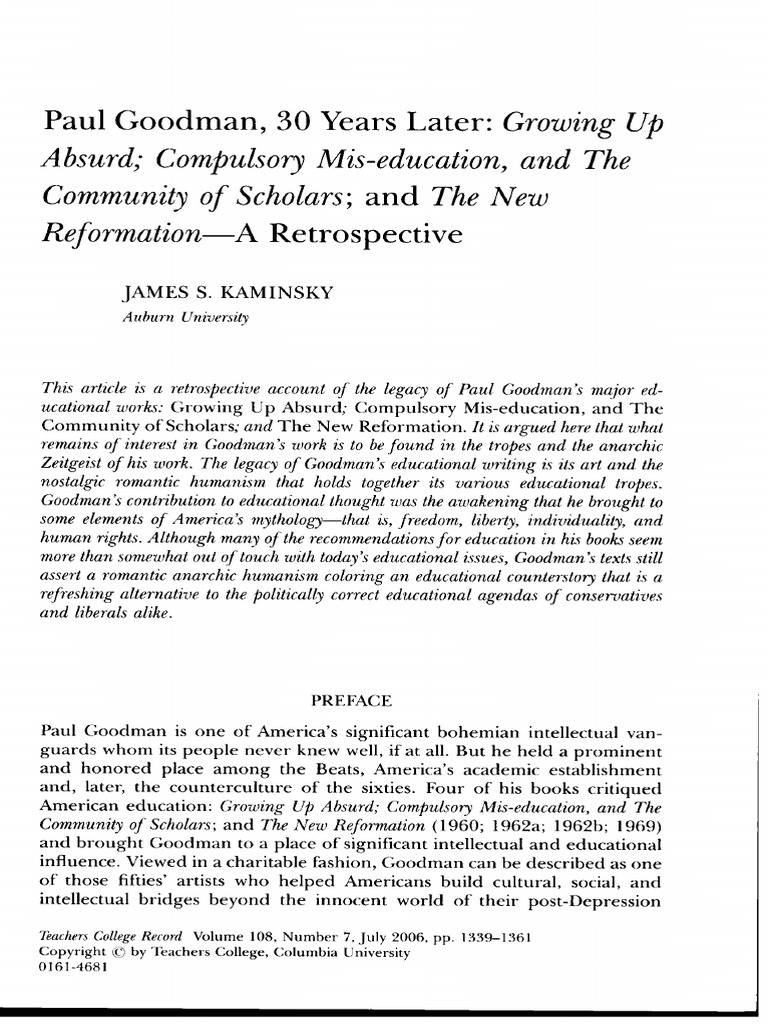 Paul Goodman, 30 Years Later Growing Up Absurd Compulsory MisEducation, and The Community of