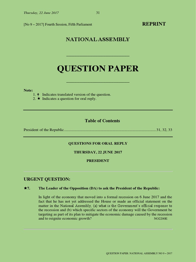 National Assembly Questions - June 2017 | PDF | Jacob Zuma | Justice