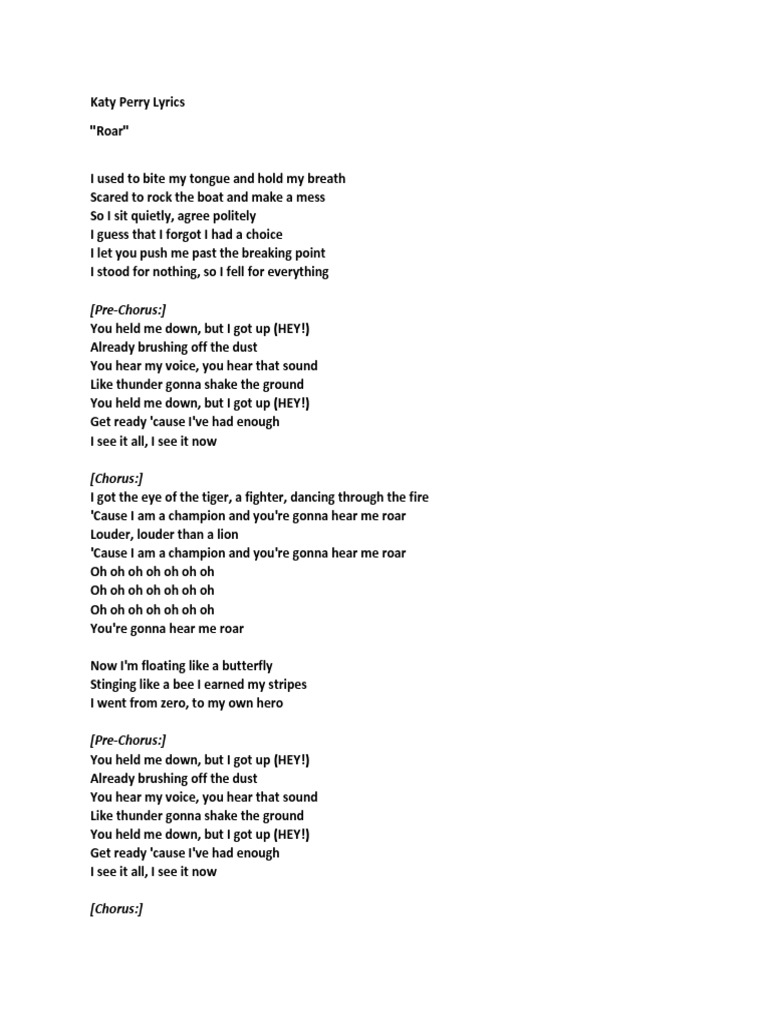 Katy Perry Roar Lyrics American Pop Songs Songs