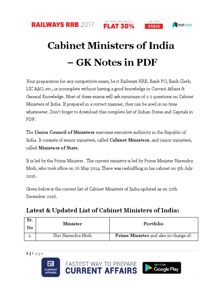 Cabinet Ministers of India | PDF | Cabinet (Government) | Politics Of India
