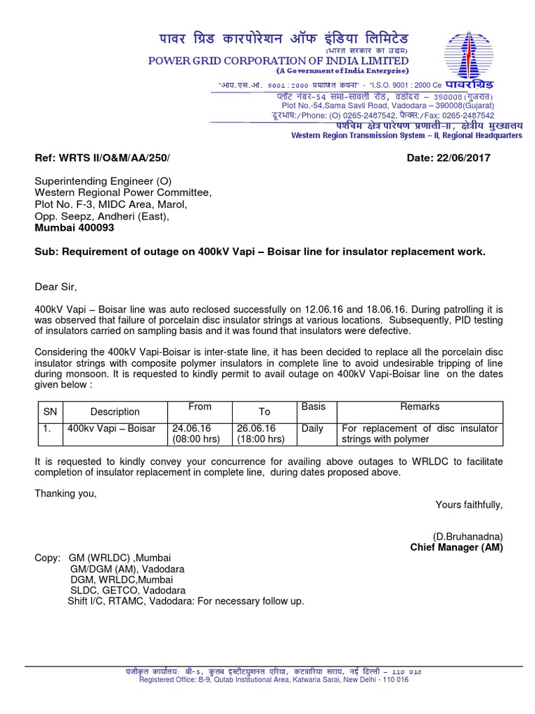 Letter For Outage of Vapi-Boisar Line | PDF | Electromagnetism ...