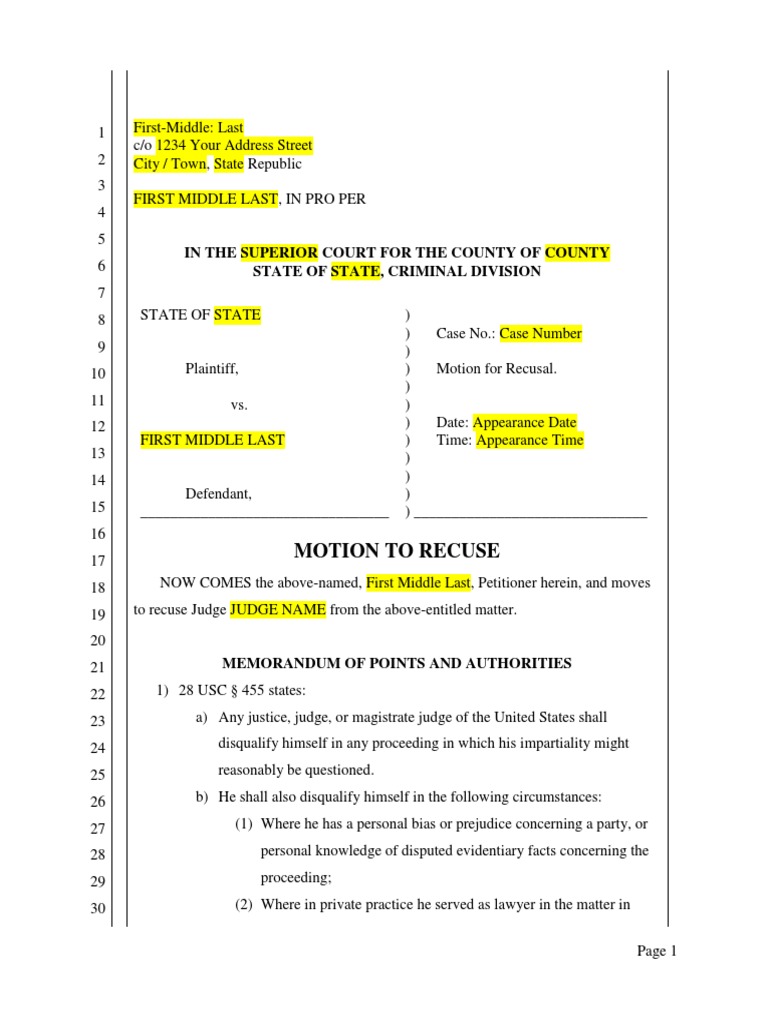Motion to Recuse a Judge Template Judicial Disqualification Judge Motion to Recuse a Judge Template Judicial Disqualification Judge