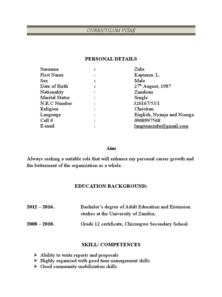 Personal Details Curriculum Vitae PDF Zambia Communication
