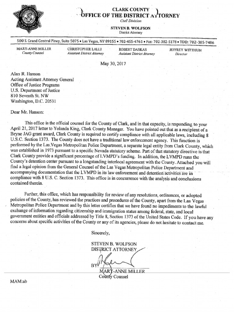 Clark County Letter To U.S. Department of Justice | PDF