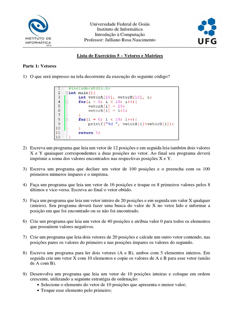 Lista de Exercícios 5 - Vetores e Matrizes | PDF | Matriz (Matemática ...