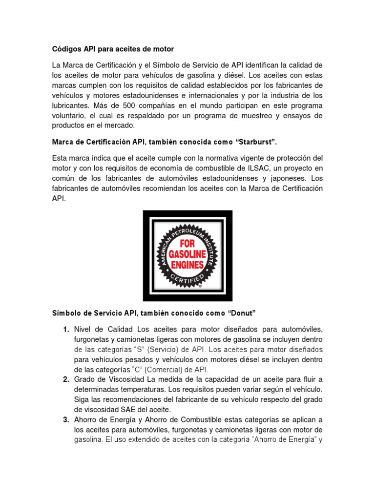 Códigos API para Aceites de Motor | PDF | Lubricante | Motor diesel