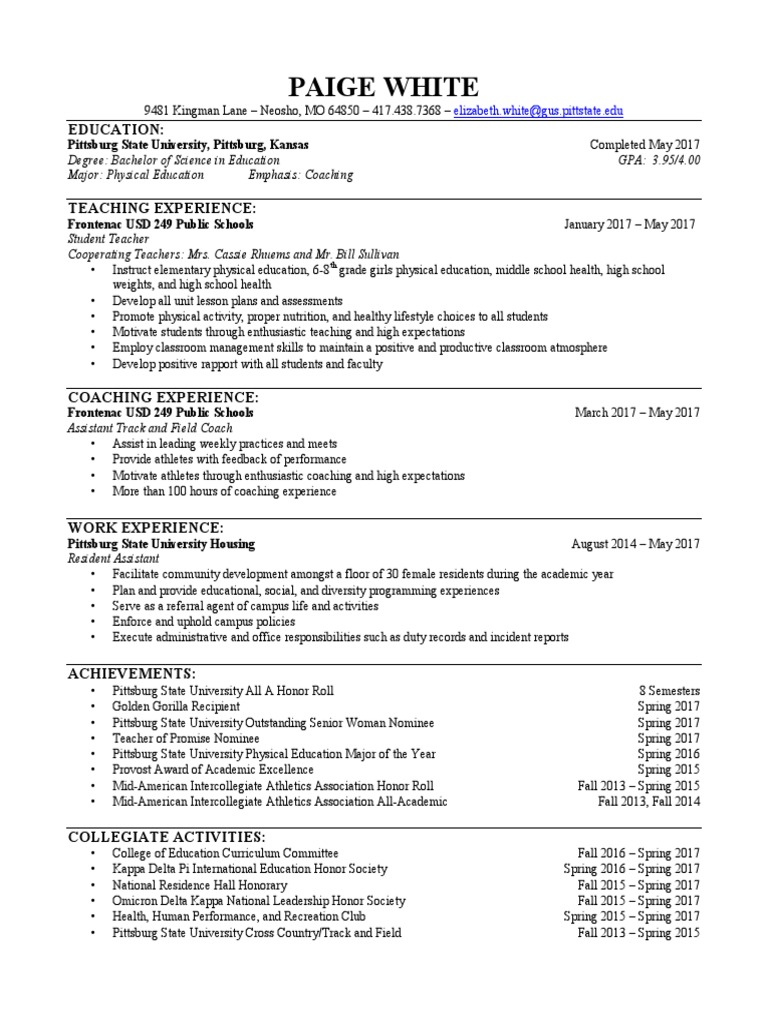 resume examples for pe teachers